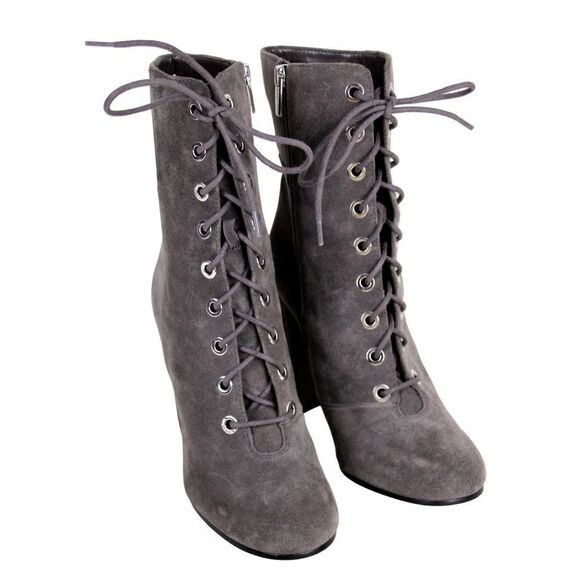 Vince Camuto GRAY GENUINE LEATHER SUEDE LACE UP HIGH ROUND TOE ANKLE BOOTS Sz 9M - Picture 1 of 12